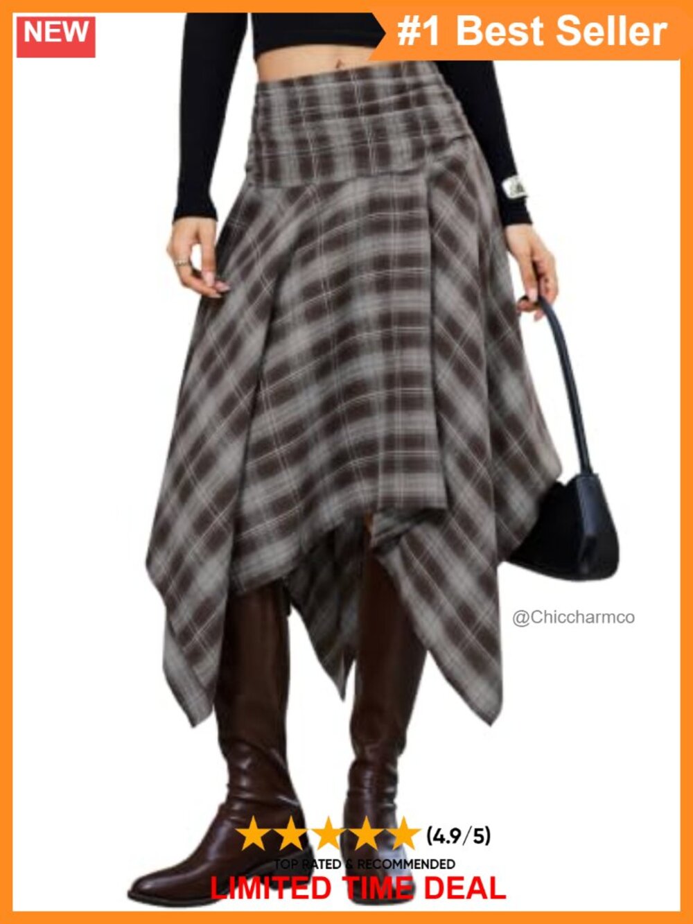 Asymmetrical Plaid Midi Skirt Handkerchief Y2K High Waist Cotton Blend